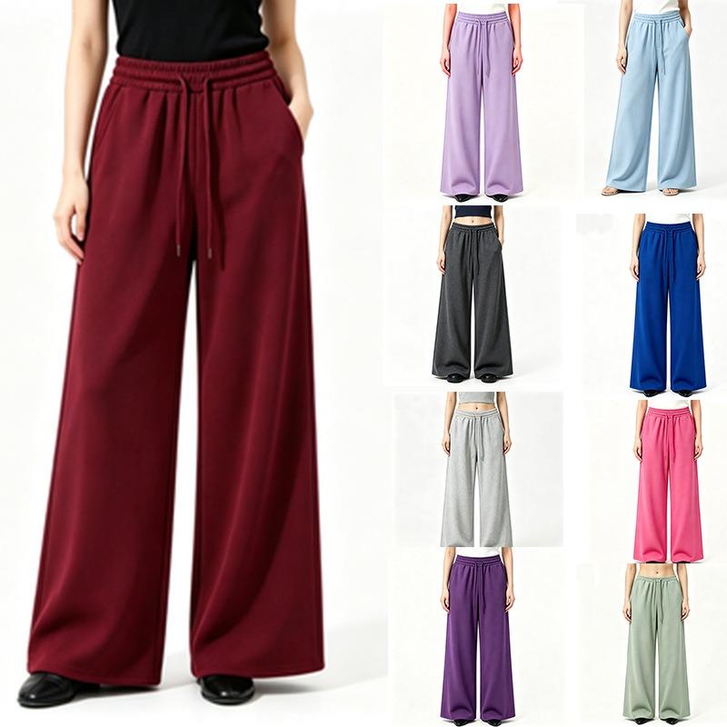 Autumn and winter fleece women's pants versatile soft wide-leg pants running trousers elastic waist loose straight pants