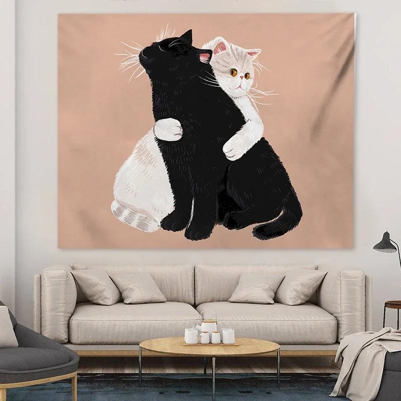 Çizgi Film Kedi Desenli Dekoratif Goblen Ev Duvarı Oturma Odası Ofis Dekoratif Goblen