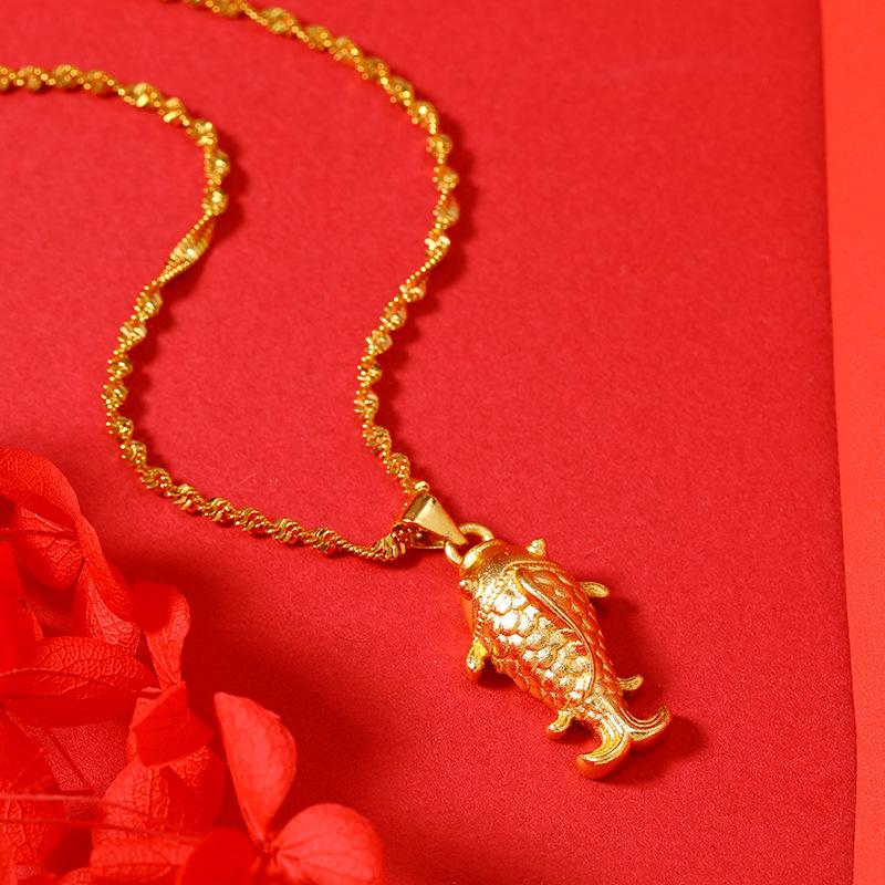 Gold-Plated Double Water Ripple Necklace with Goldfish Pendant - Popular Non-Fading Eastern Jewelry