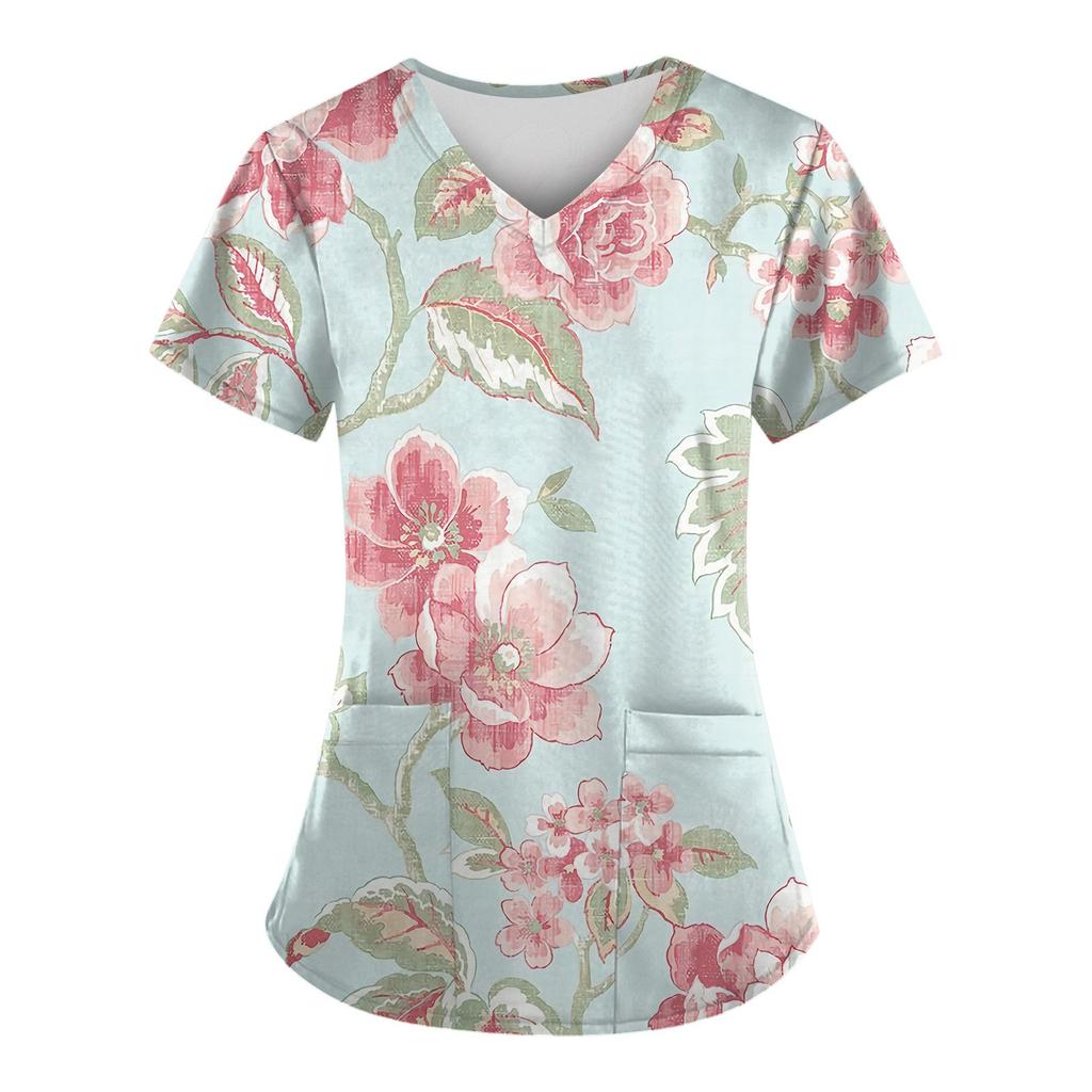 Women Fashion Spring And Summer Oil Painting Print V-neck Short Sleeve Workwear With Pockets Tops