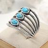 Bohemian Inlaid Imitation Turquoise Women's Ring Vintage CopperColor Hand Carving Daily Wear Party Jewelry Anniversary Gift