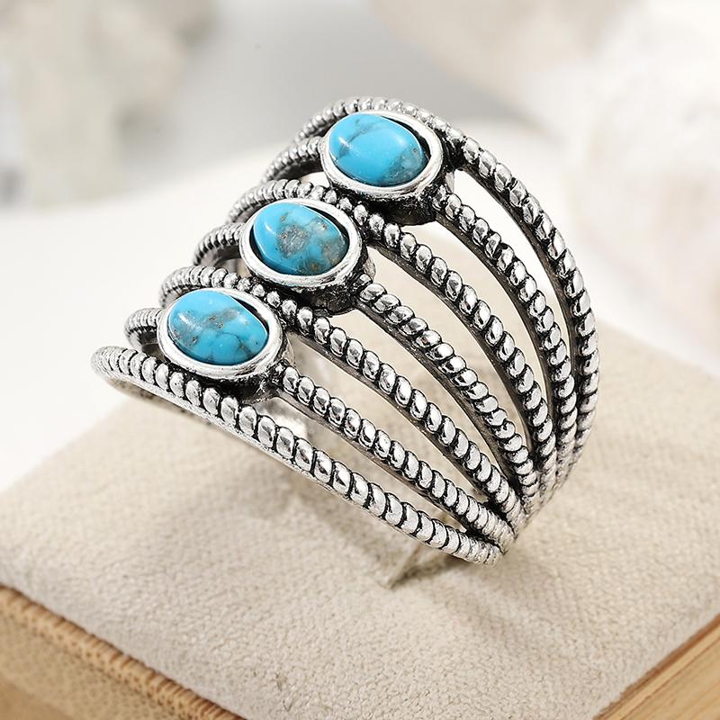 Bohemian Inlaid Imitation Turquoise Women's Ring Vintage CopperColor Hand Carving Daily Wear Party Jewelry Anniversary Gift