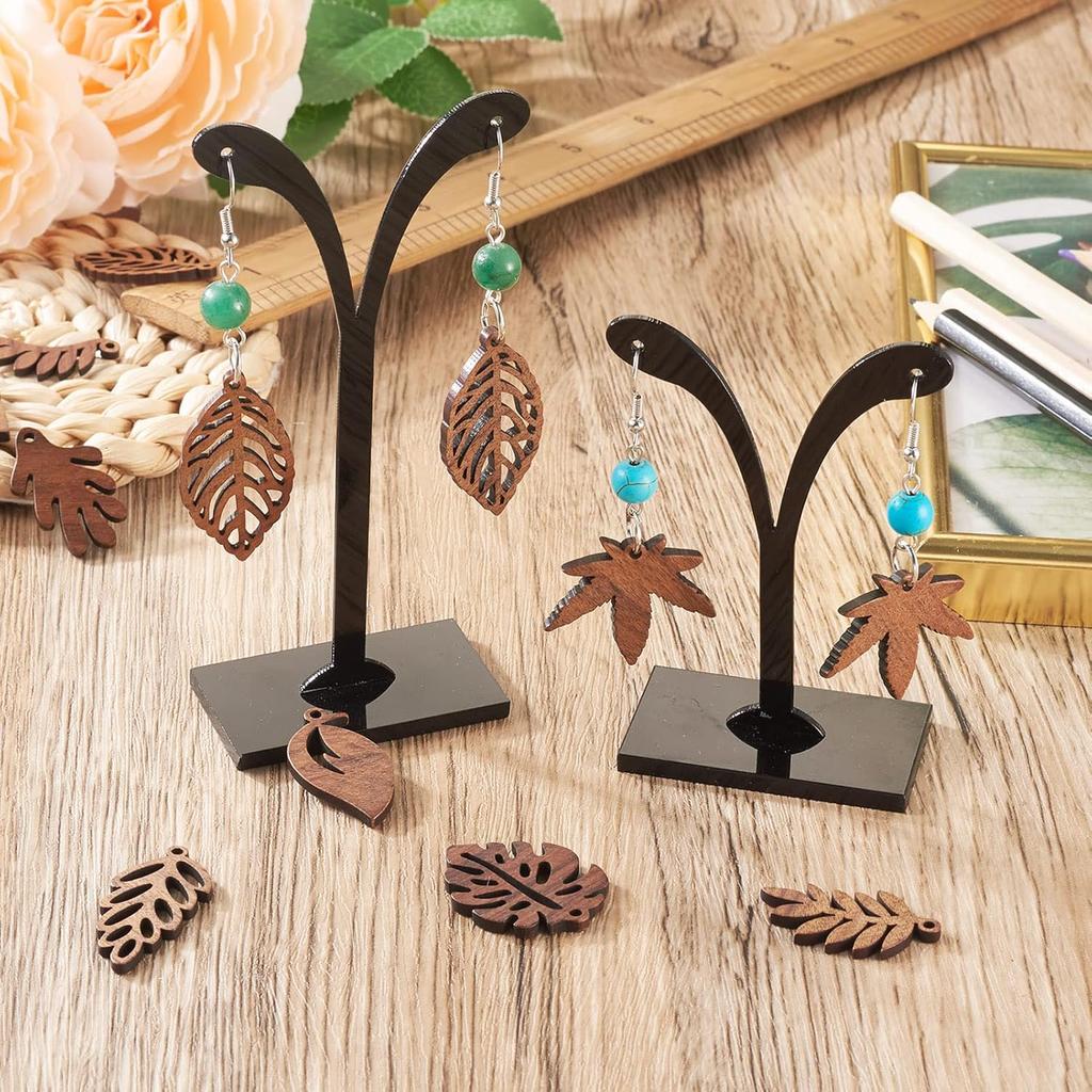 Wood Leaf Earring Cheriswelry Natural Wooden Dangle Earrings Making Kit Coconut Brown Wood Leaf Charms Brass Earring Hooks Jump Rings for Women
