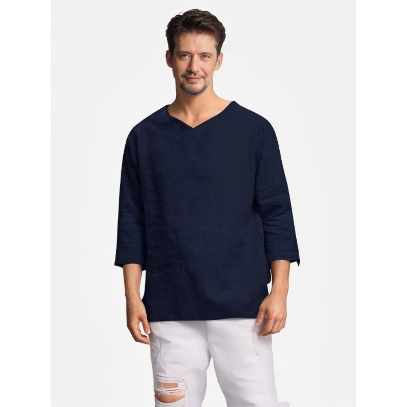 Summer Shirt Top Men's Three-quarter Sleeve V-neck Cotton and Linen Loose Shirt