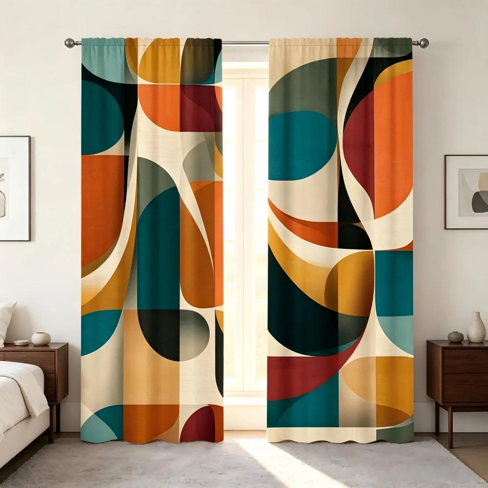 2 Pezzi Tenda Stampata Digitalmente, Moderno Motivo Geometrico Cerchio Arco, Tende Colorate Stile Retrò Mid-Century per la Casa