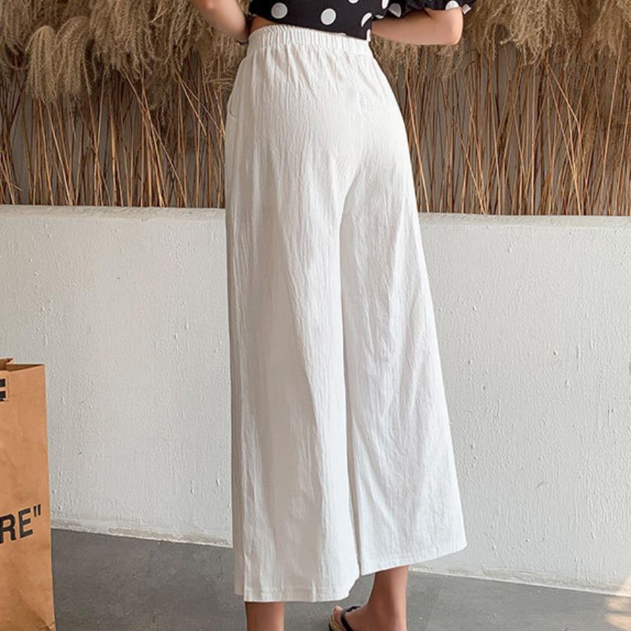 Women Summer Autumn Cotton Linen Pants High Waist Solid Color Wide Leg Cropped Pants