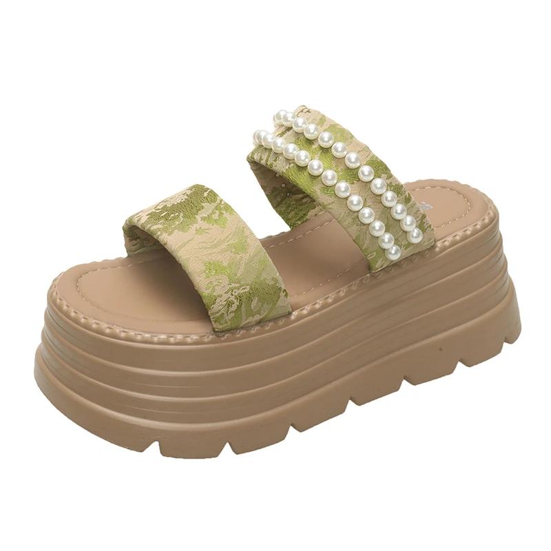 

Fashion 8CM Women s Pearl Strap Chunky Sandals Summer Pink Thick Bottom Wedge Slippers Woman Fashion Lace Platform Slides Shoes Mujer 39 зелёный