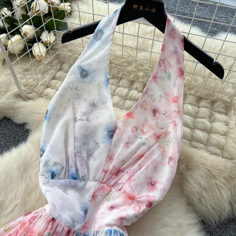 Sommerkleid Tailliertes Damenkleid Halsketten Rückenfrei Bedrucktes Kleid