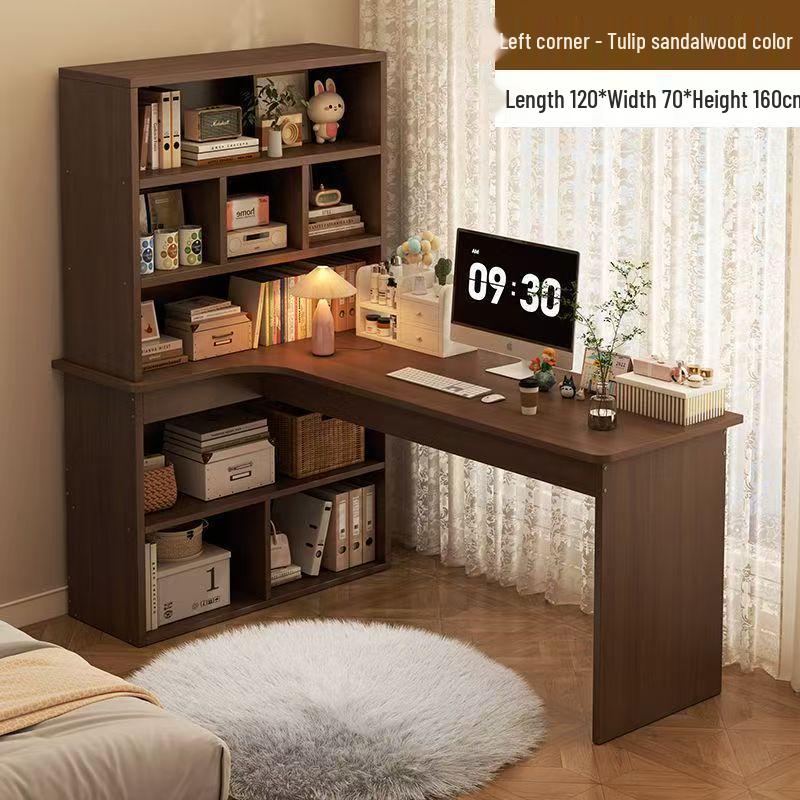 Compact Corner Computer Desk with Integrated Bookshelf & Vanity for Bedroom or Home Office