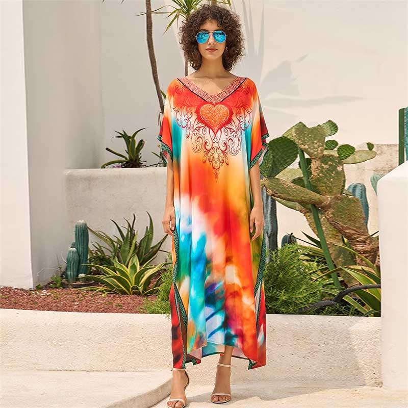 EDOLYNSA 2024 Boho Colorful Printed Batwing Sleeve V-neck Beach Dress Women Summer Swimwear Coverup Cozy Plus Size Kaftan Homewear Q1674