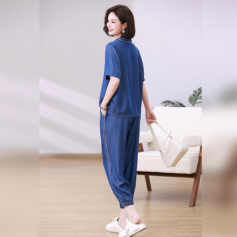 Women's Summer Tencel Denim Suit: Stylish 2025 Casual Two-Piece Set for Middle-Aged Mothers