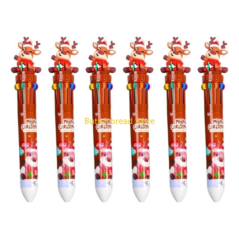 W89C 6x Multicolor Ballpoint Pen 10 in 1 Cartoon Christmas Ballpoint Pen for Party
