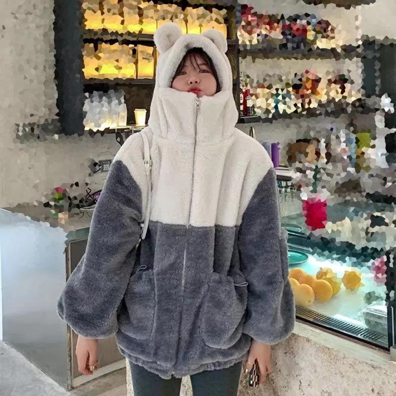 WTEMPO Hooded Color Matching Zipper Pockets Polar Fleece Coats Women's Thick Warm Autumn Winter Large Size Cold-proof Windproof Plush Jackets