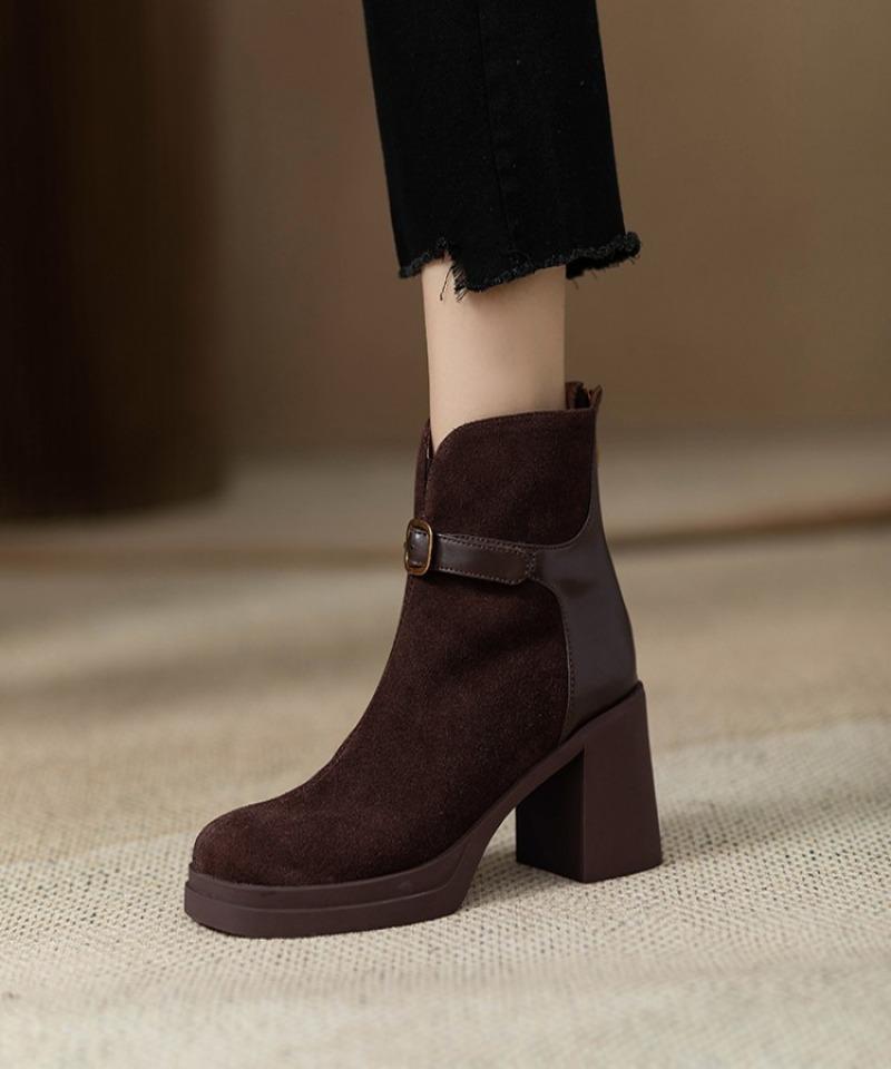 

Мода Модные универсальные женские туфли на среднем каблуке осень зима новые повседневные минималистичные удобные на толстом каблуке короткие ботинки 38 коричневый