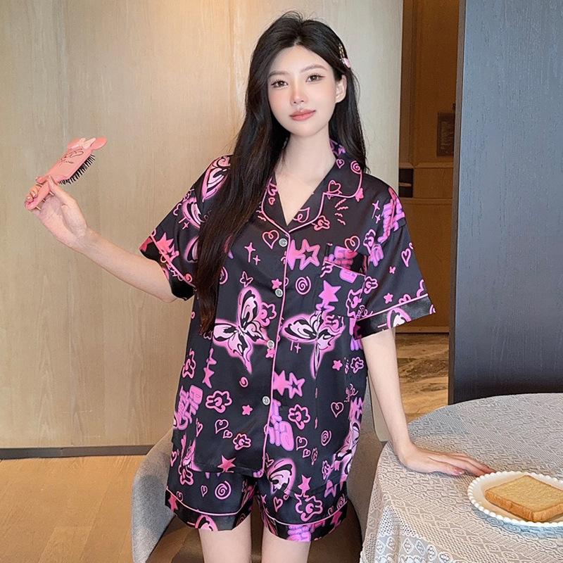 Girls Gradually Change Butterfly Ice Silk Pajamas Women'S Summer Short-Sleeved Shorts Sweet Cool Wind Loungewear