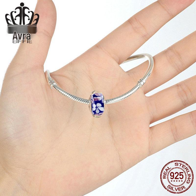 Everly Blue Plum Blossom S925 Sterling Silver DIY Glass Beaded Bracelet SCZ047