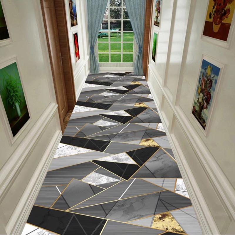 Grey Geometric Living Room Area Rug Corridor Hallway Carpet Runners Decor Crystal Velvet Anti-slip Kitchen Bedroom Rug Door Mat