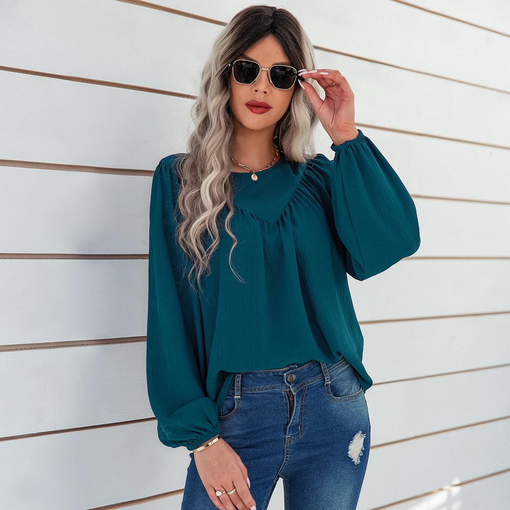 Women Autumn Solid Color Round Neck Pullover Loose Long Sleeve T Shirt Top