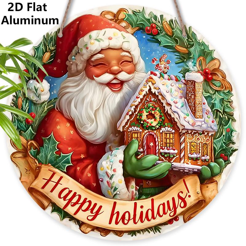 

2D Flat Aluminium Christmas Sign with Santa Claus & Candy House Pattern - Happy Holidays Figurine Ornaments - Ideal for Front Door, Wall, Porch 7.87×7.87inch