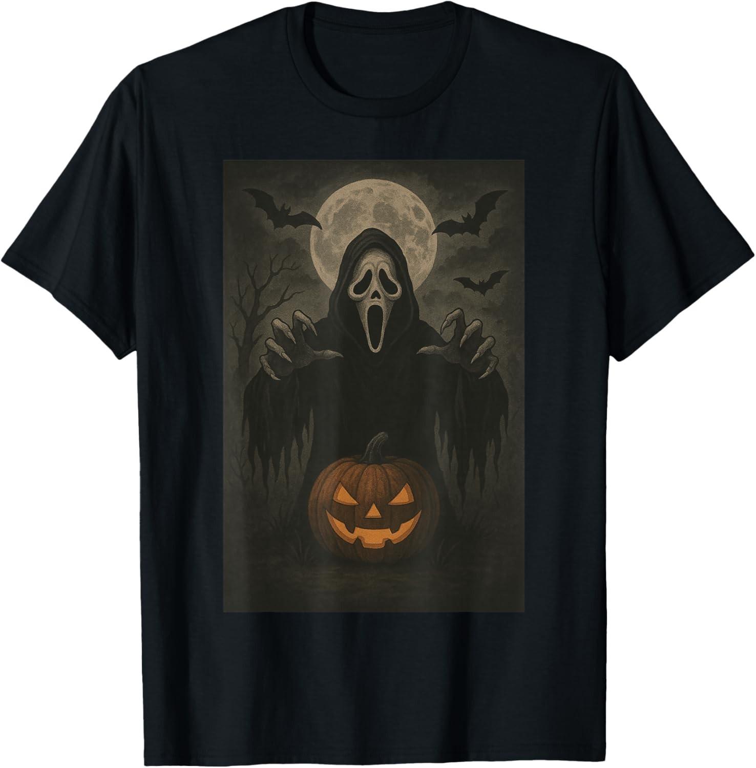 Scary Face Ghost Mask Pumpkin Moon Spooky Halloween Horror unisex T-Shirt Mens Womens Tees Top 2XL