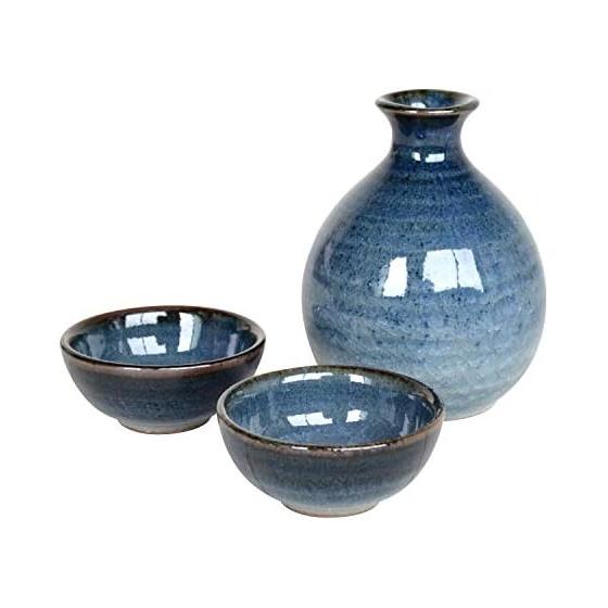 Sakeware set, 1 sake bottle, 2 sake cups, Arita ware, indigo, Japanese sake, Hasami ware, pottery, made in Japan