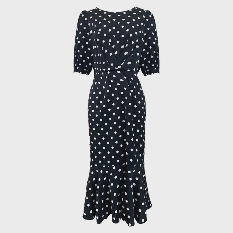 Women's Retro Polka Dot Chiffon Fishtail Dress - Black French Style