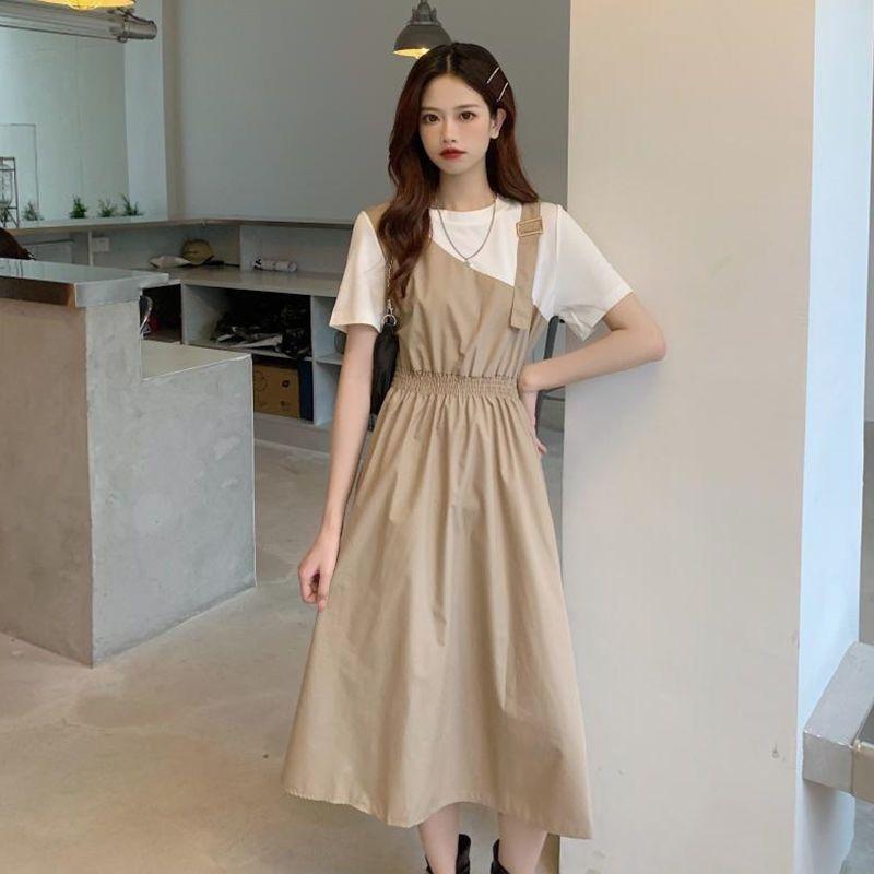 Women's Korean-Style Casual Trendy Waist-Contracting Slimming Long Dress Spliced Solid-Color Short-Sleeve Fake Two-Piece Dress