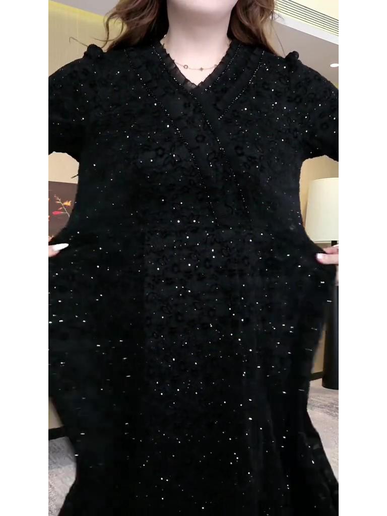 Spring Light Luxury Lace Evening Gown - Plus Size, Long Sleeve, Shiny Casual Dress for Women