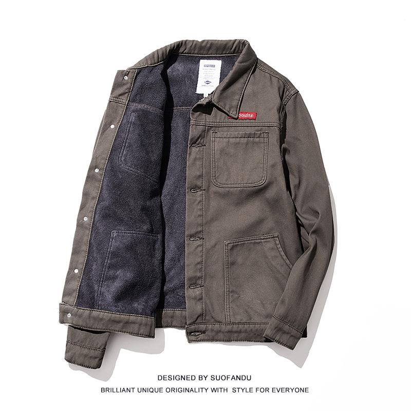 "Chaqueta Vaquera de Invierno para Hombre con Forro de Terciopelo - Ropa de Trabajo Retro Japonesa, Estilo Coreano, Talla Grande, Top Grueso Casual"