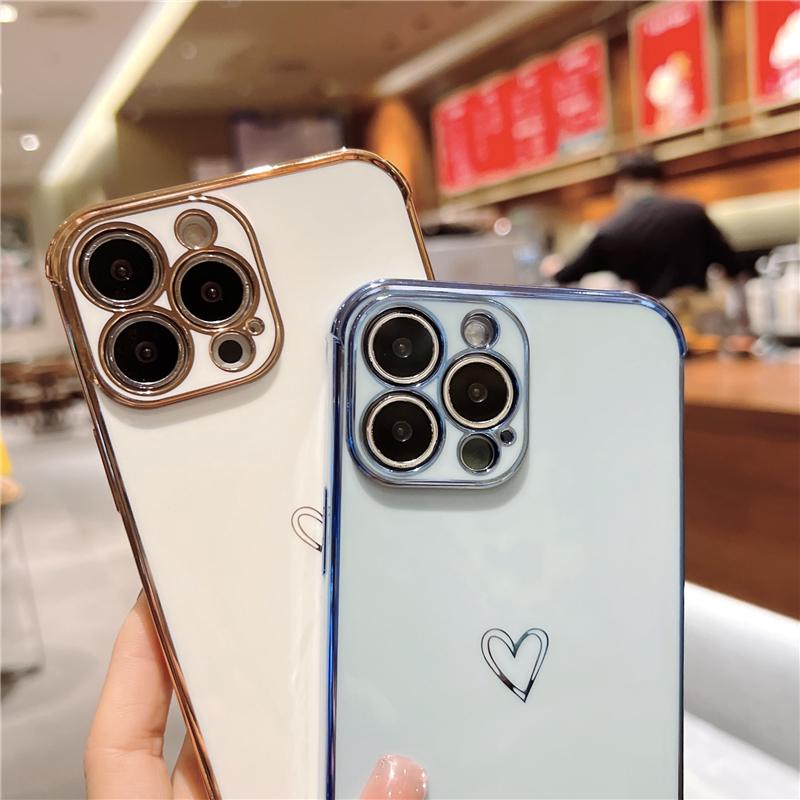 Luxury Square Plating Love Heart Phone Case For iPhone 13 12 Mini 11 Pro Max X XR XS Candy Bnmper On 7 8 Plus SE  Soft Cover