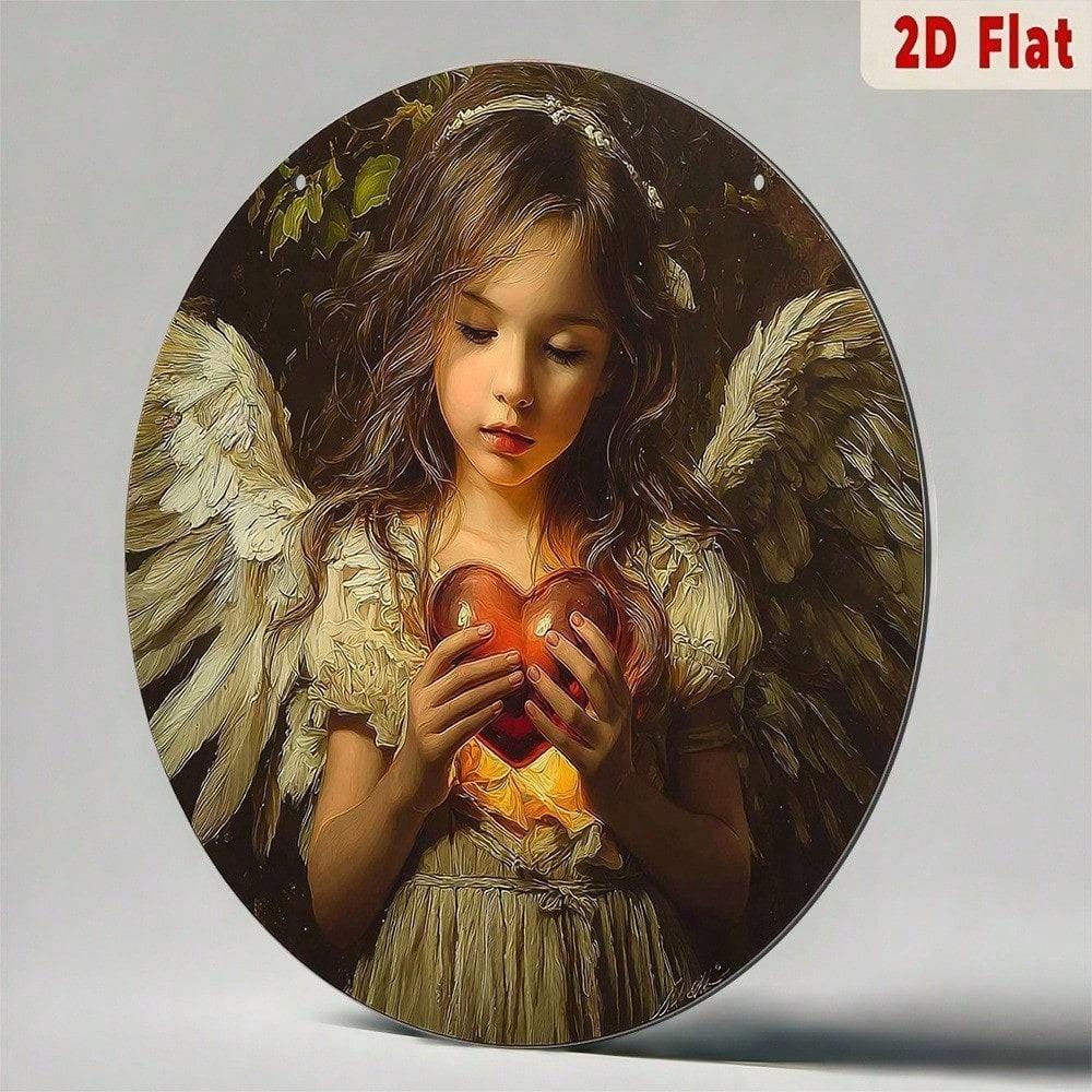 Valentine's Day Angel Metal Wall Art, Glowing Heart Wings Aluminum Sign