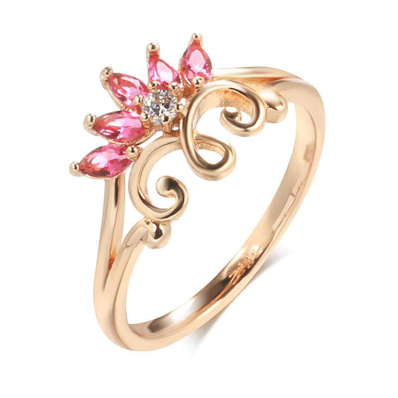 

New In Ring For Women Fashion Pink Natural Zircon Rose Gold Color Hollow Flower Ethnic Bridal Vintage Jewelry 8