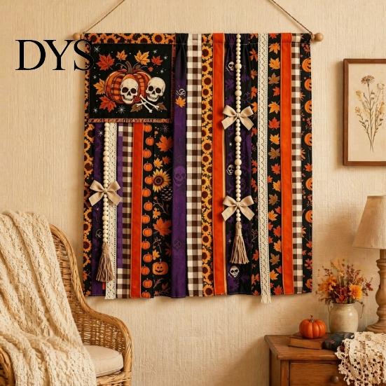 Seasonal Festival Gift Halloween Rag Banner, Orange Black Skull Ghost Pumpkin Hanging Decoration, Rustic Theme Banner Fabric Stripe for Front