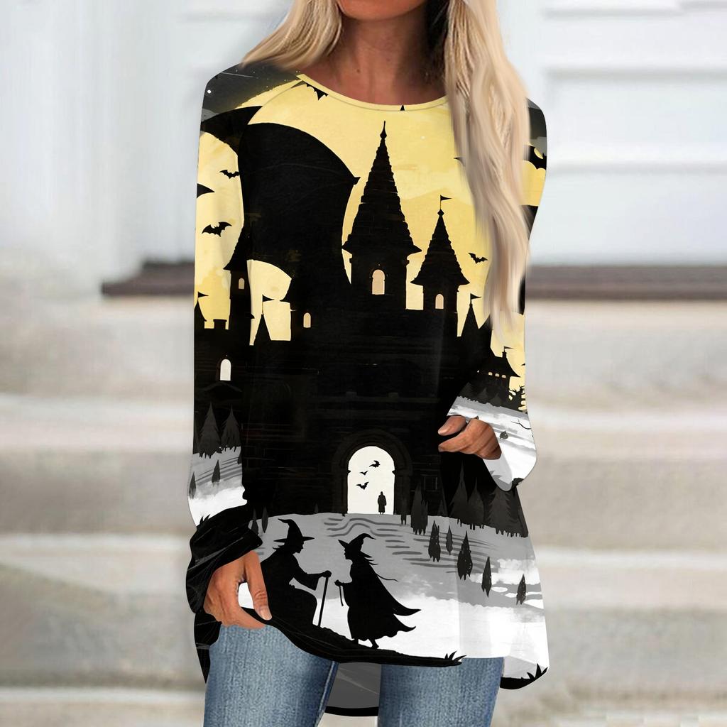 Women's Halloween Printed Long Sleeve Round Neck Tunic Top for Casual Wear