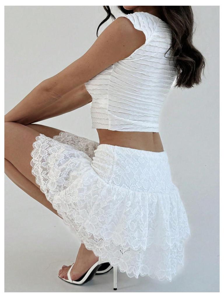 2024 European and American High Waist Lace Patchwork Ballet-Style Short Skirt