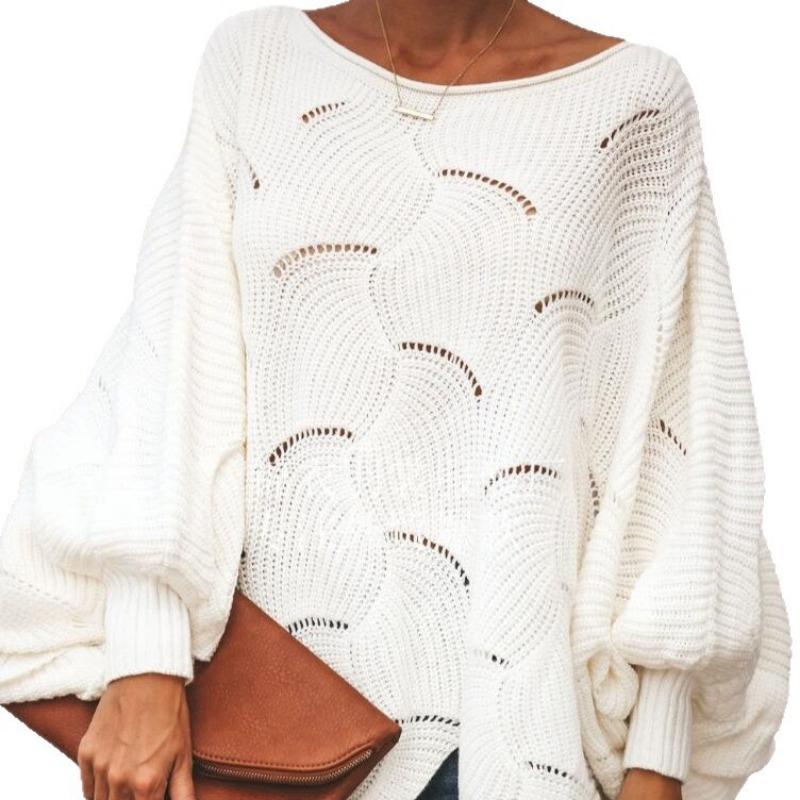 Women White Boat Neck Hollow Out Batwing Sleeve Oversized Knit Sweater