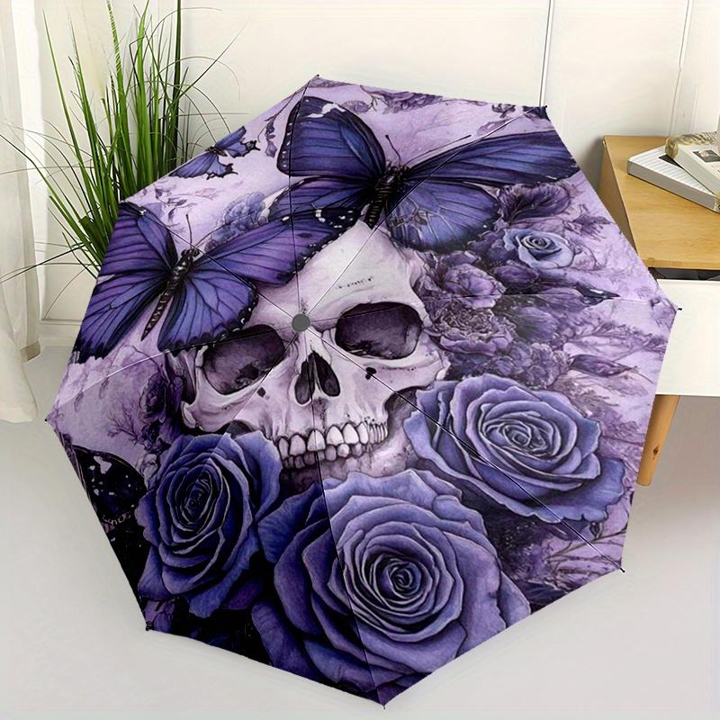 Gothic Skull Butterfly Automatic Folding Umbrella Compact Lightweight Retractable Design For Outdoor Adventures And Travelt82