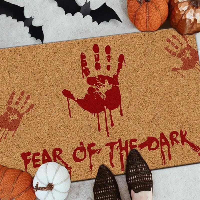 

Halloween Bloody Carpet Mat Horror Handprint Rug Skull SOS Text Cork Non-Slip Home Decoration Brown Floor Mats Welcome Mat 40X60CM