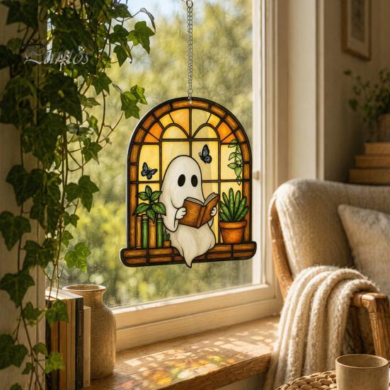 Window Suncatcher Decoration Halloween Ghost Reading Sun Catcher, Stained Glass Style Hanging Double-sided Translucent Ornament, Cute for Home Garden