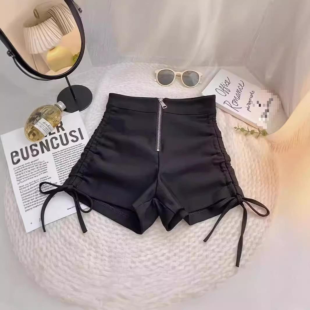 

Women s Korean Style High Waist Black Drawstring Slimming Wide-Leg Shorts M