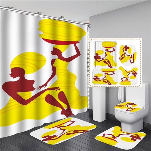 4PCS Full Set Bathroom Curtain Set Elegant African Black Woman Shower Curtain Hooks Modern Bath Mat Toilet Lid Cover Anti-slip Bath Mats