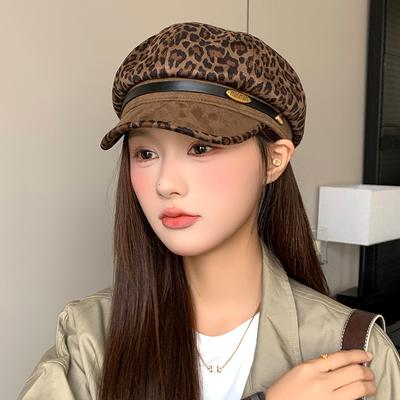 American Retro Hottie Leopard Print Beret for Women New Autumn and Winter Wide Brim Octagonal Hat Literary Newsboy Painter Hat