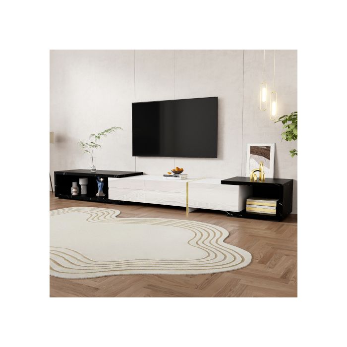 Meuble TV Moderne, Longueur Variable (140-260 Cm), Fonction Pivotante, Extérieur En Marbre Noir