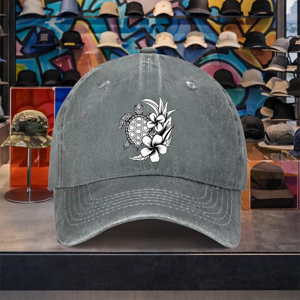 Sea Turtle Floral Washed Baseball Cap Adjustable Cotton Outdoor Casual Unisex Adult Hat