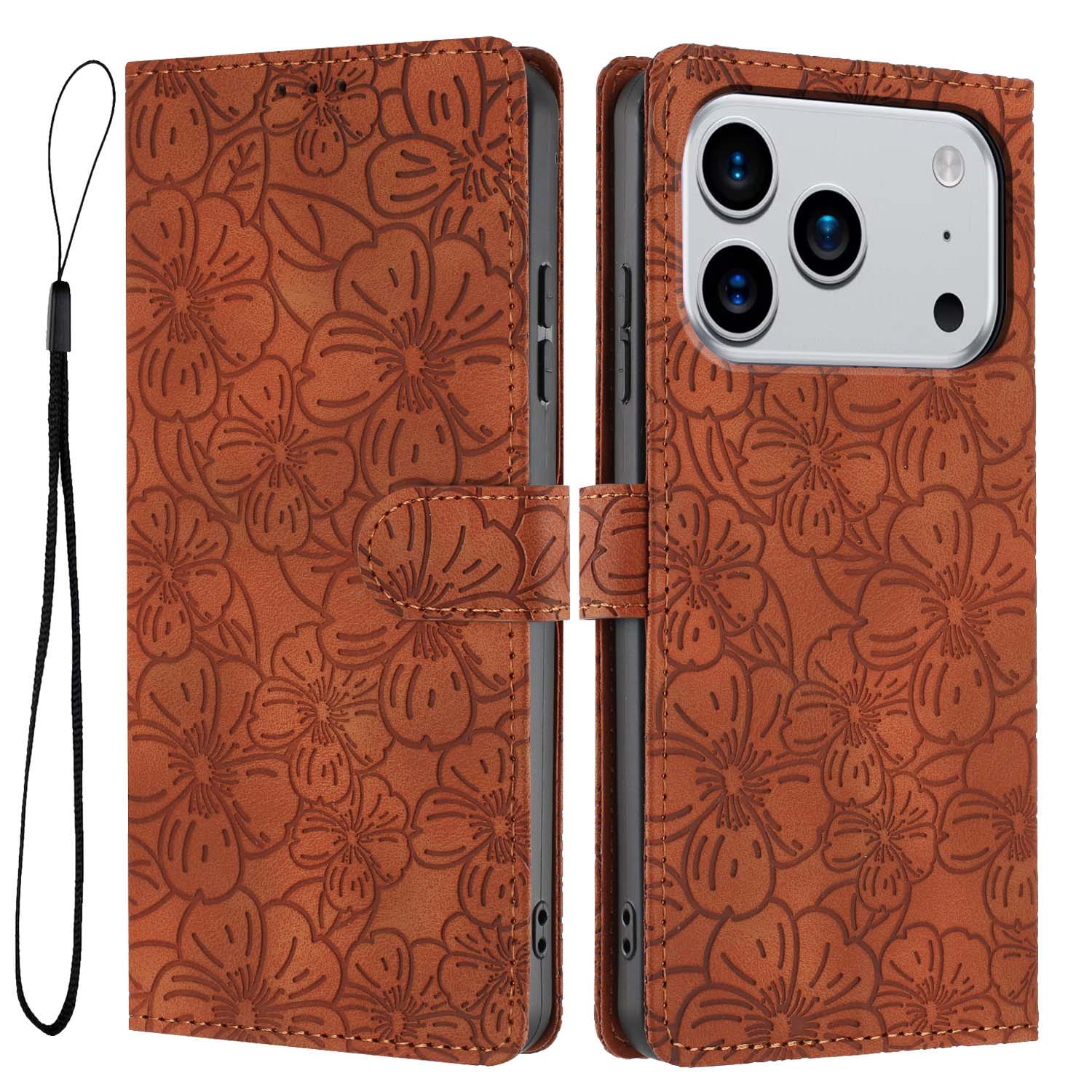 

For iPhone 17 Pro Flip Case Cherry Blossom Pattern Leather Wallet Stand Phone Cover with Wrist Strap