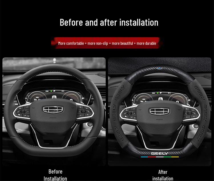 Rutschfeste 3D-geprägte Karbonfaser-Lenkradabdeckung für Geely - Wildleder, Atmungsaktiv, Unisex