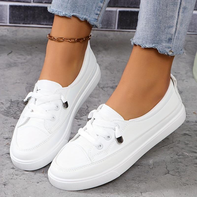 Women'S Classic White Sneakers - Comfortable Lace-Up Casual Shoes with Golden-Tone Accents, Breathable Fabric Lining & Durable Rubber Sole