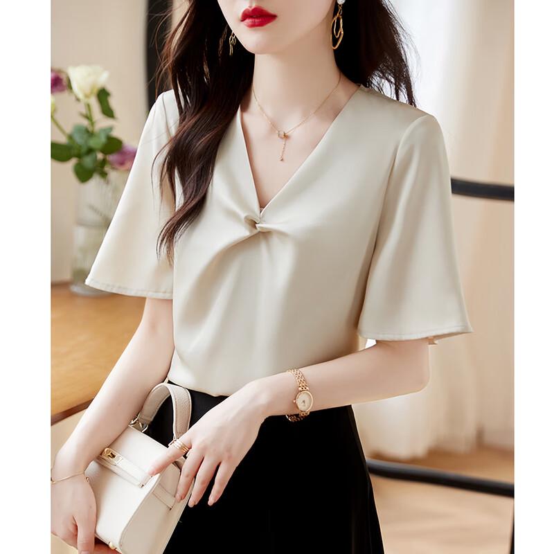 Elegant V-Neck Pleated Silky Shirt M