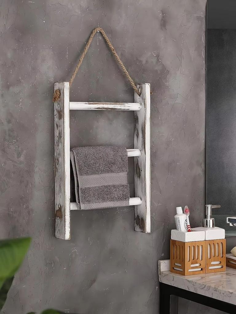 Rustic French Country 3-Tier Wooden Ladder Shelf - Wall-Mounted Towel and Scarf Rack with Natural Jute Rope