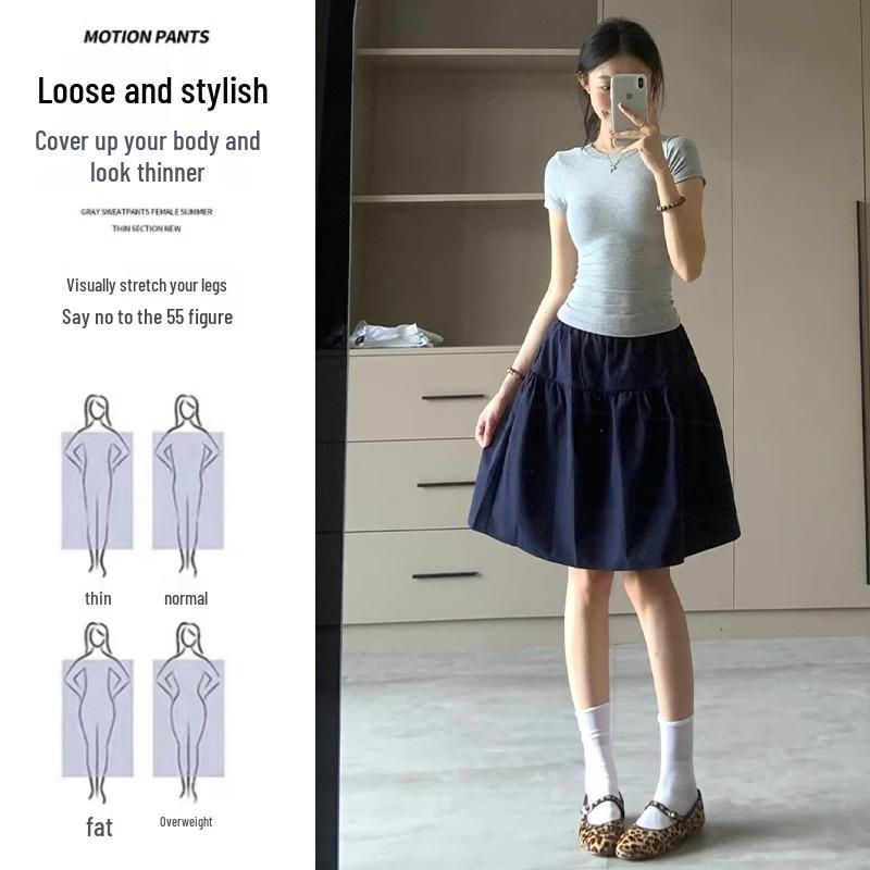 Jupe Midi Trapèze Style Preppy Bleu Marine - Taille Haute Rétro pour Printemps/Été 2025